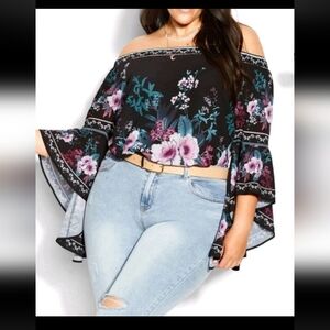 City Chic Black and Pink Off-Shoulder Bell Sleeve Blouse